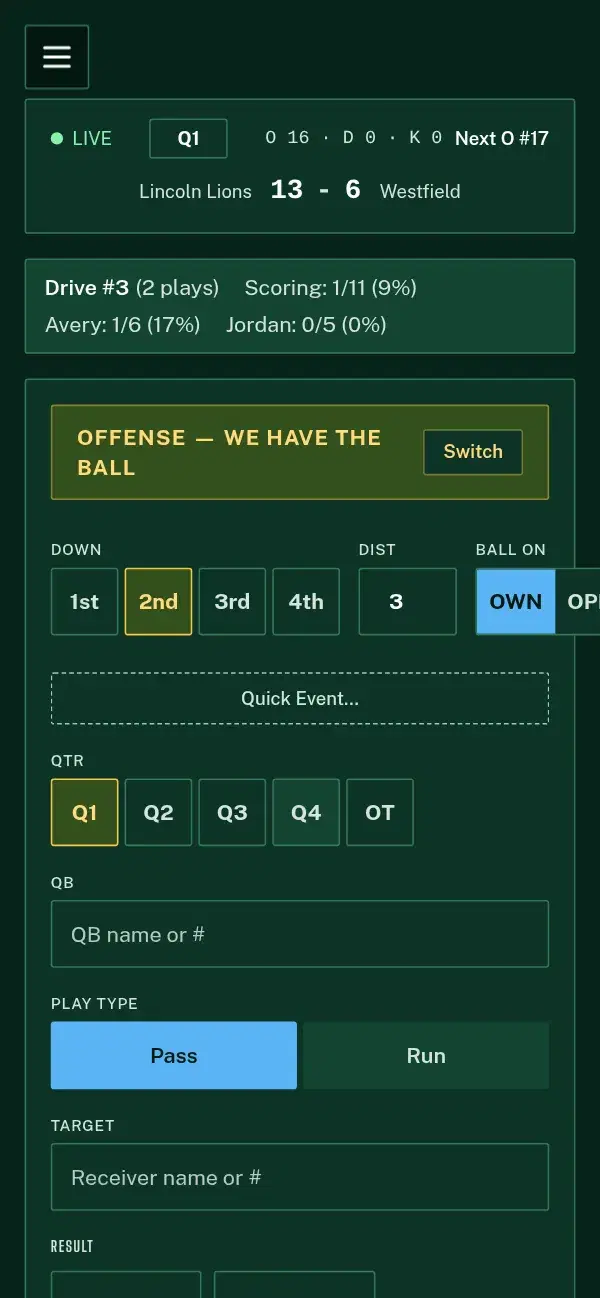 Hashmarks flag football tracker on a phone: down, distance, QB, pass or run and target for the next snap