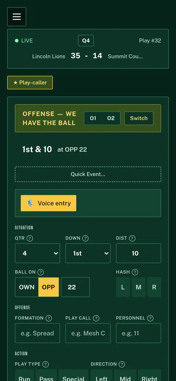 Hashmarks Play Tracker on a phone, ready to log the next snap
