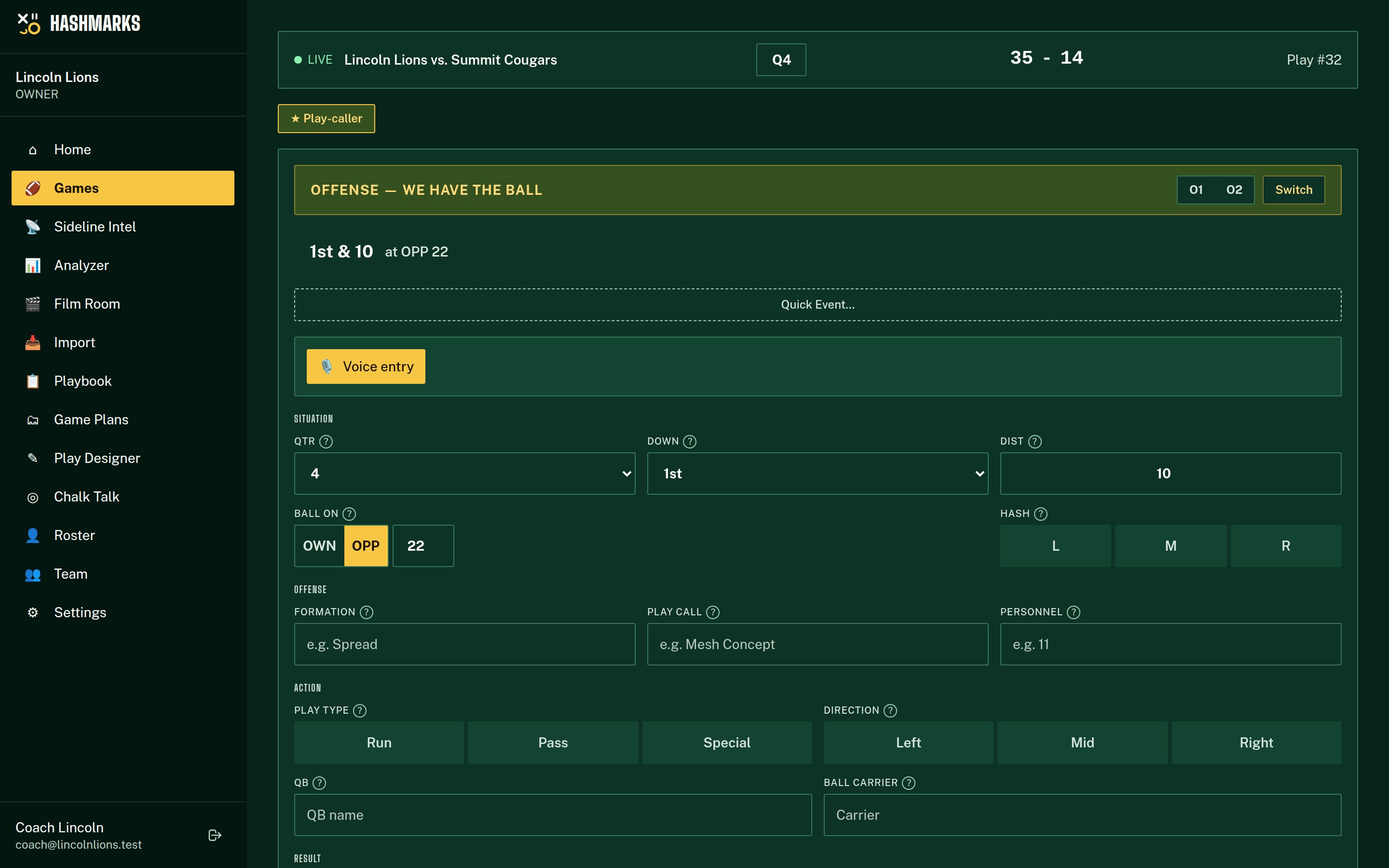 Live play tracker form