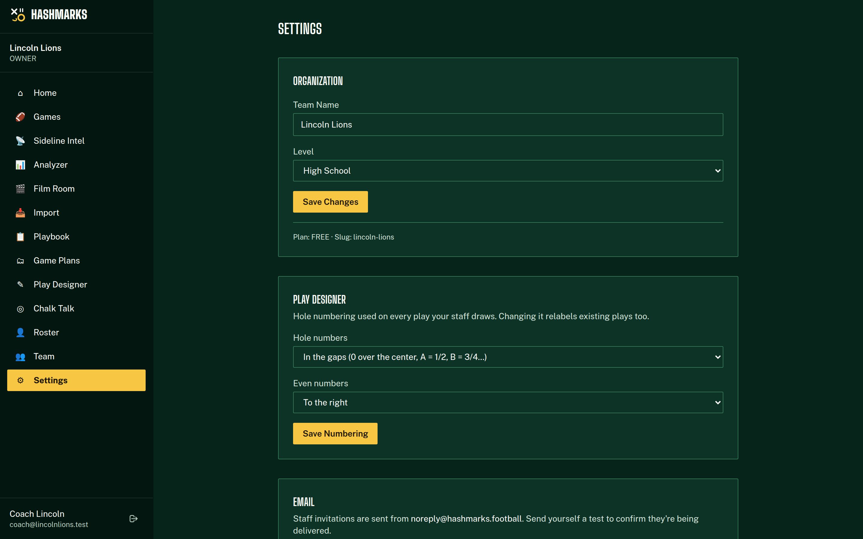 Settings page